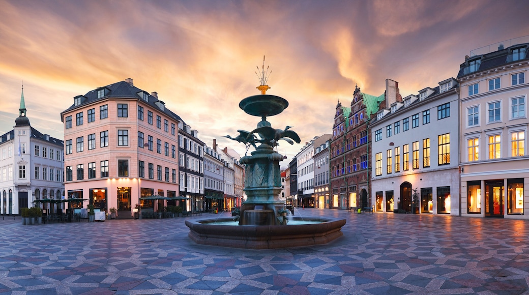 Copenhagen Denmark - Stork Fountain on the Amagertorv (Amager Square) and the longest pedestrian street in the world Stroget at sunset