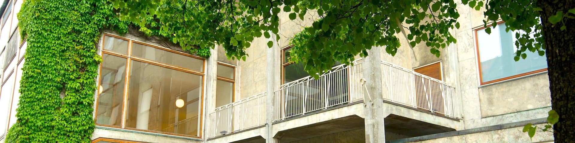 A building with a green awning, a bicycle, and a planter with flowers.