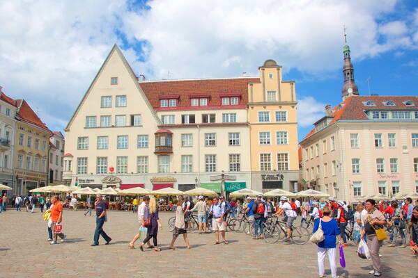 Town Hall Square showing a square or plaza and heritage architecture as well as a large group of people