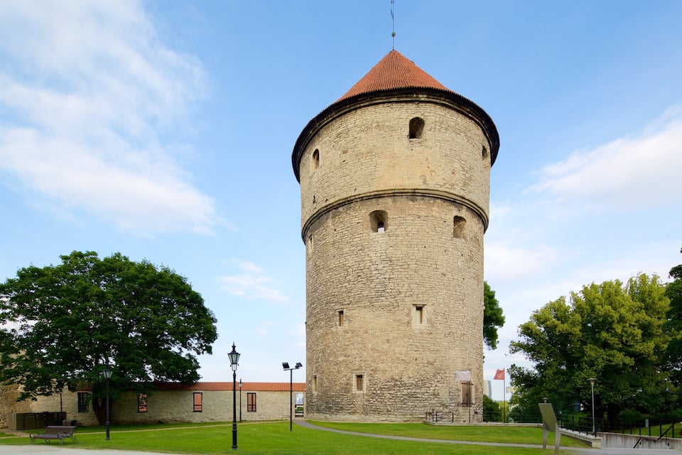 A historic stone tower with a red roof, surrounded by lush green trees and a clear blue sky.