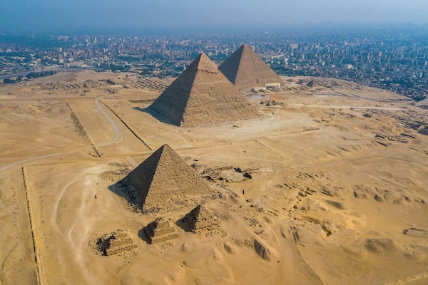 Historical Giza pyramids in Egypt shot by drone.