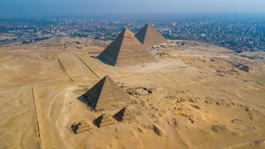 Historical Giza pyramids in Egypt shot by drone.