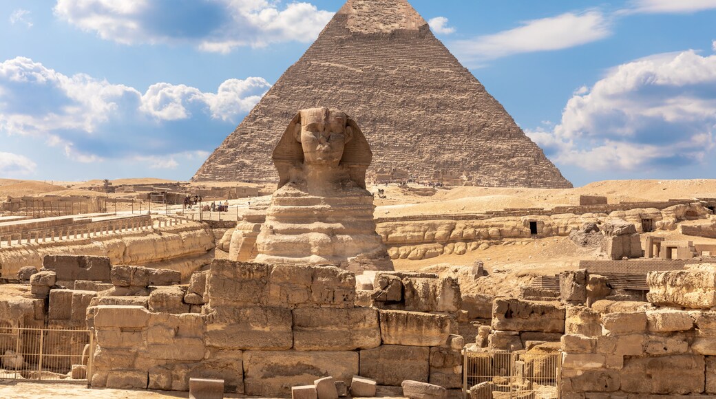 The Sphinx, the Pyramid of Chephren and the ruins of a temple in Giza, Egypt