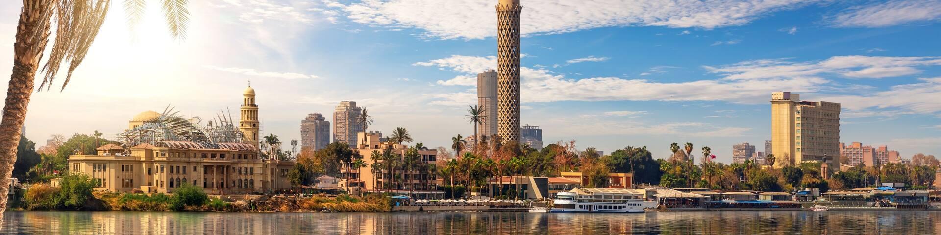 Cairo downtown, view on Gezira Island and the tower from the Nile, Egypt