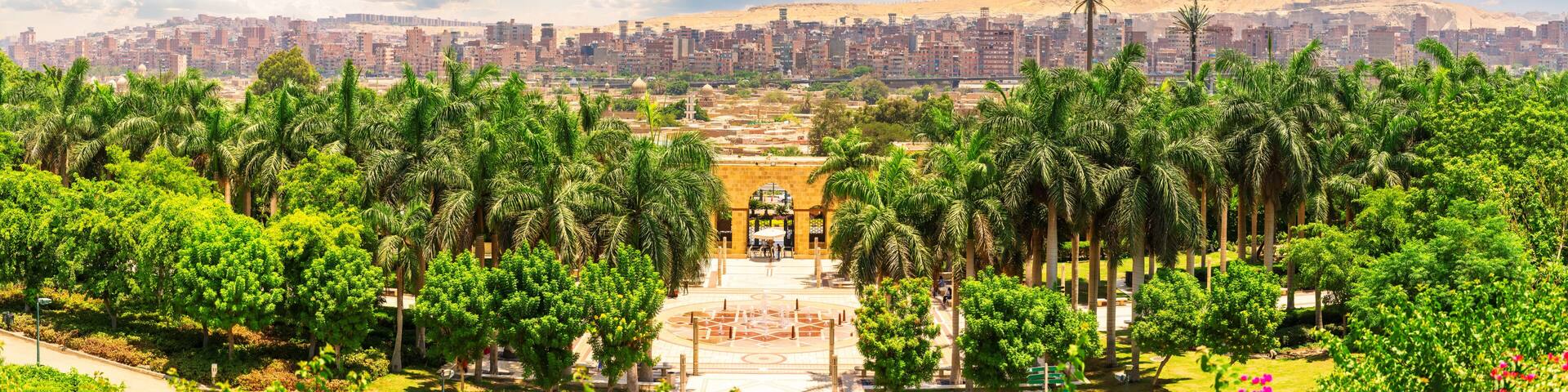A cityscape with a central open plaza surrounded by palm trees and a distant view of a desert.