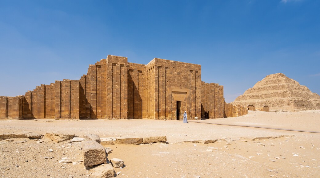 Step pyramid of Djoser funerary complex (necropolis) in Saqqara, Egypt. Travel and history.