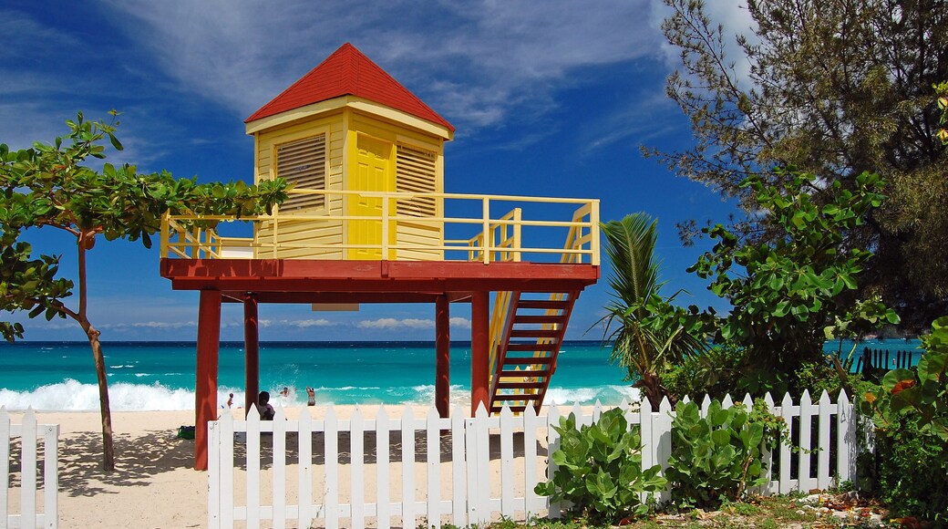ellow and red lifeguard booth on Grand Anse Beach on Grenada Island