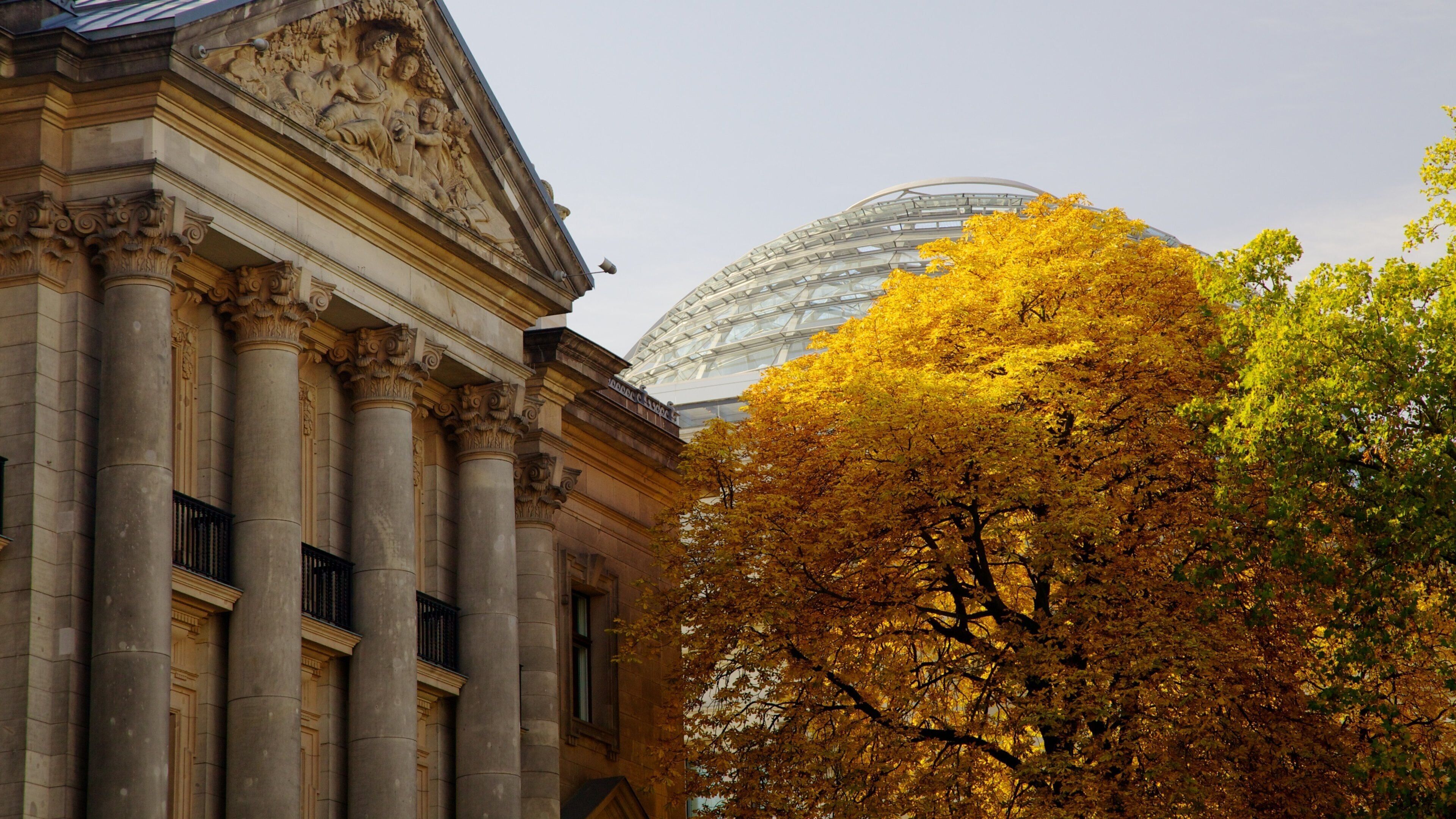 Reichstag Building which includes an administrative building, heritage architecture and autumn leaves