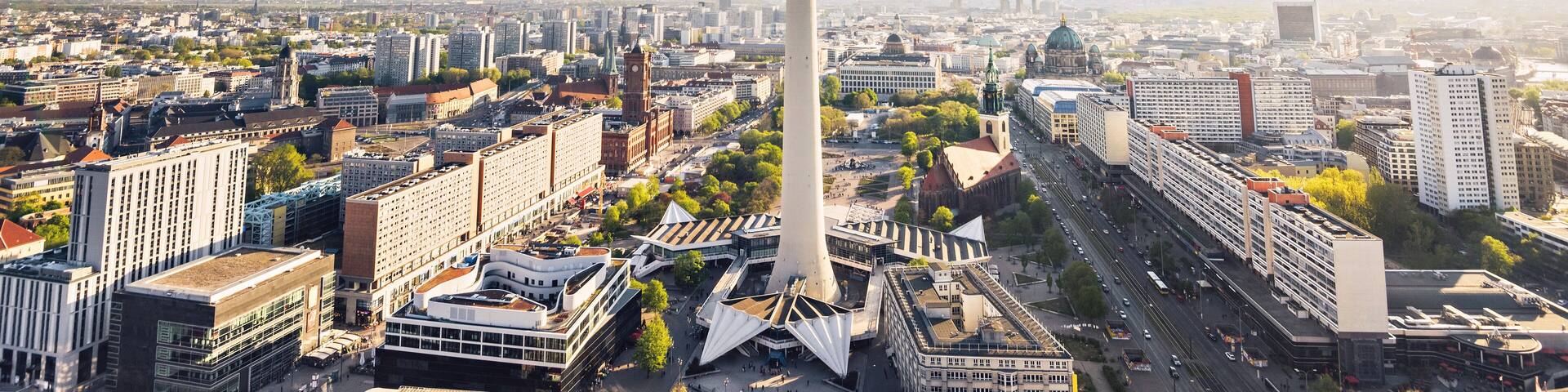 Aerial view of Berlin skyline with famous TV tower at Alexanderplatz in city center. Popular travel destination and tourist attraction, Germany