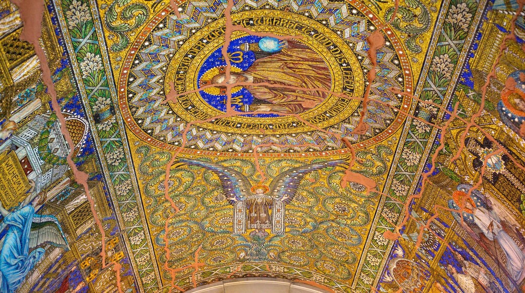 Kaiser Wilhelm Memorial Church featuring religious elements, interior views and a church or cathedral