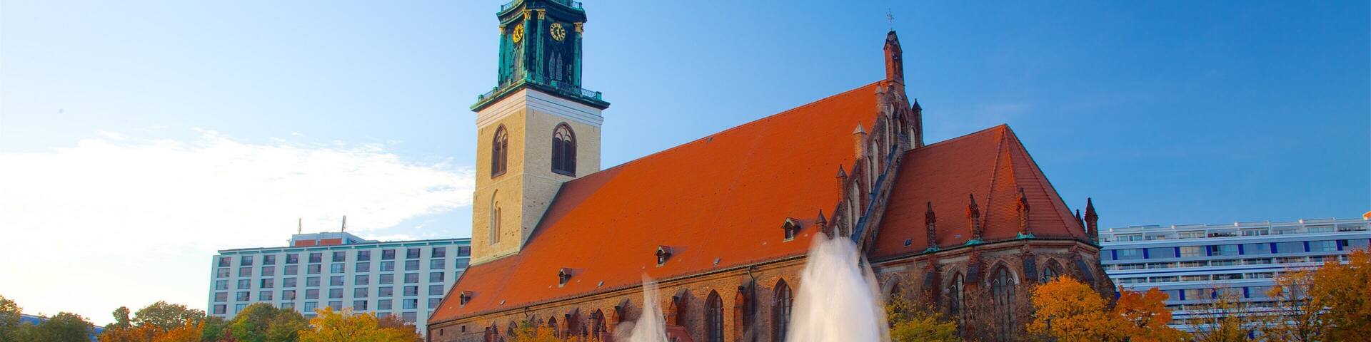Marienkirche showing a fountain, a square or plaza and heritage architecture