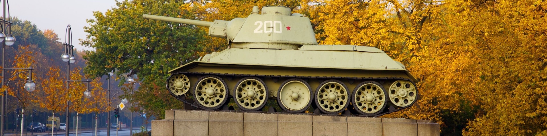 Monumento a los Caídos del Ejército Rojo en el Tiergarten mostrando artículos militares, un parque y hojas de otoño