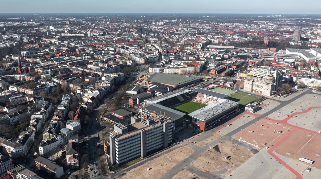 Aerial spring view over St. Pauli district and stadium in Hamburg, Germany