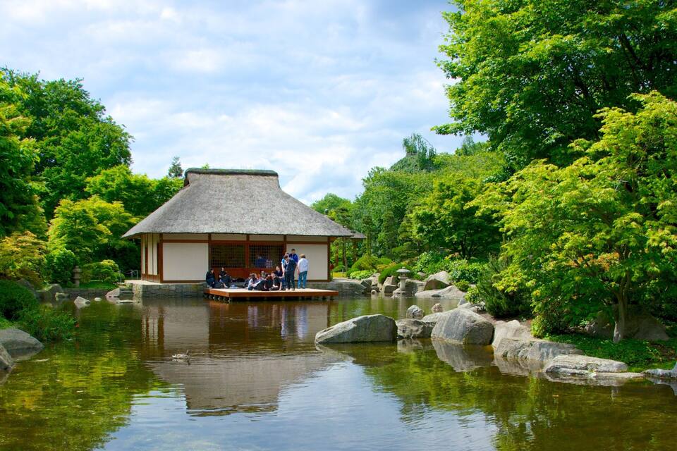 A traditional Japanese building with a thatched roof by a calm pond surrounded by lush greenery.