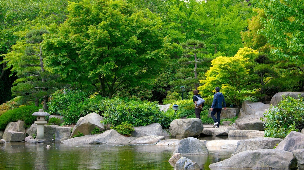 Japanese Garden which includes a pond and a garden as well as a couple
