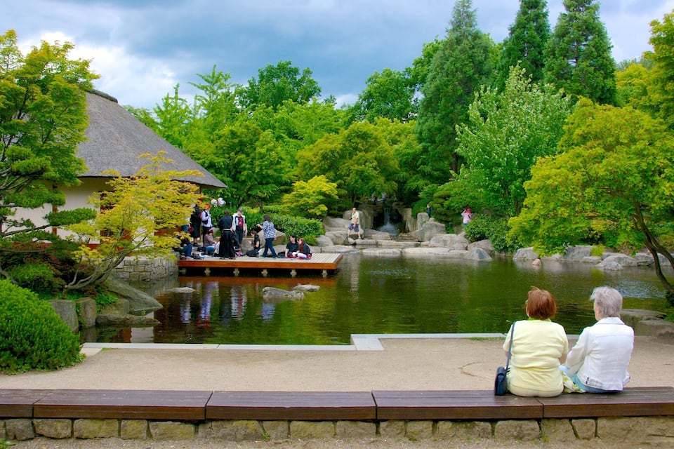 A traditional Japanese garden with a pond, wooden bridge, and a thatched-roof building.