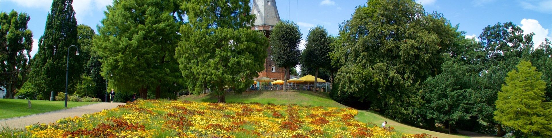 Um moinho de vento, um jardim de flores e um caminho num parque.