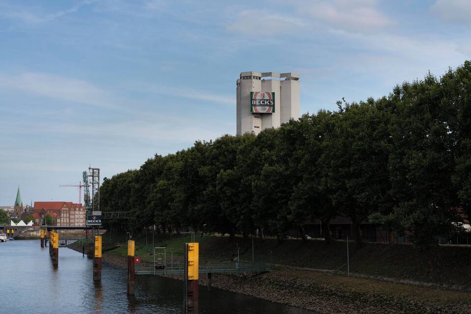 A river with a bridge, a tall tower with a sign, and a forested area.