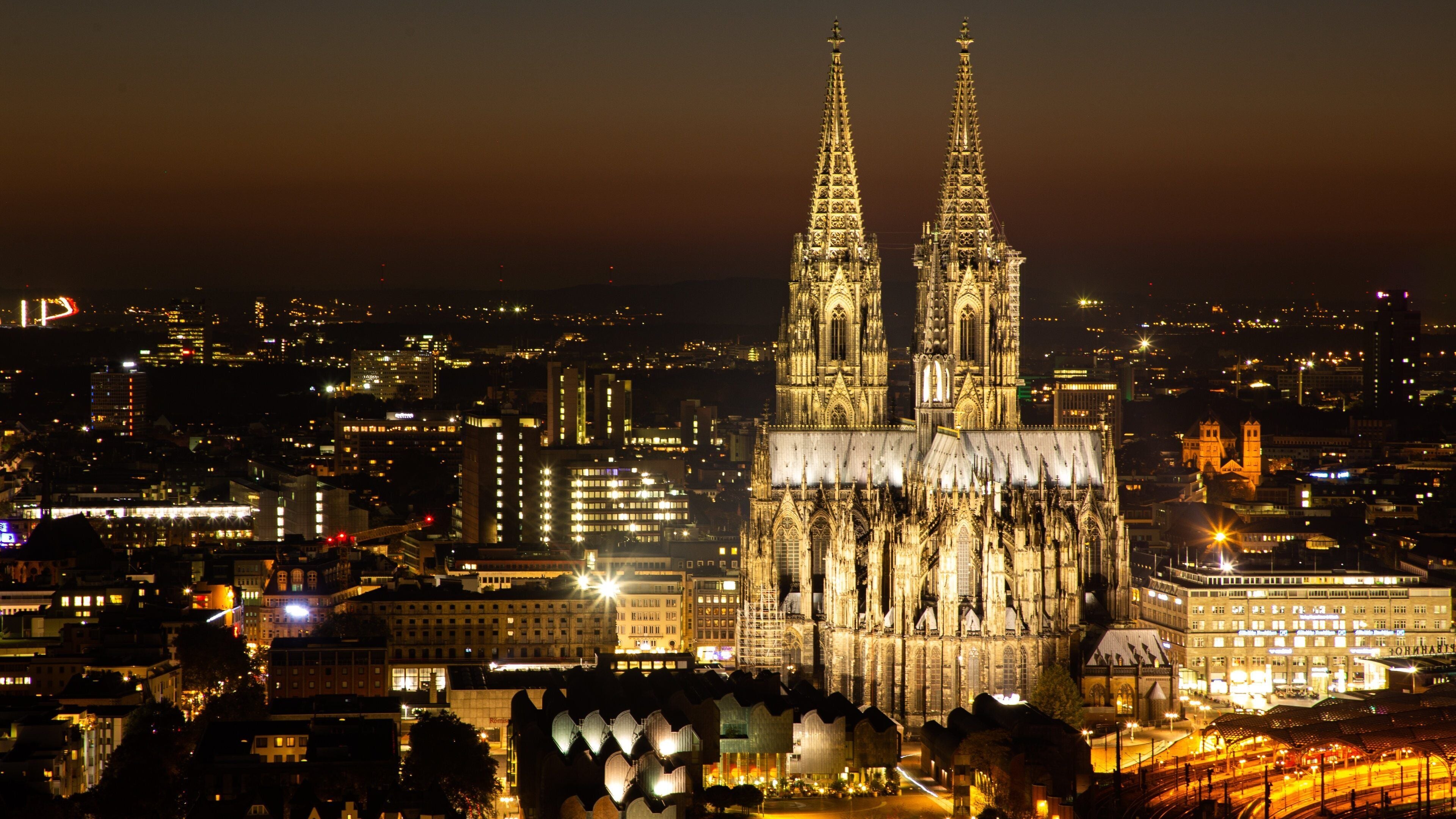 Cologne Cathedral which includes a church or cathedral, night scenes and heritage architecture