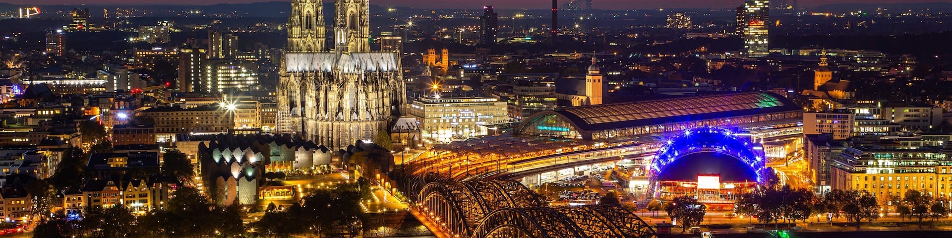 Cologne Cathedral featuring landscape views, night scenes and heritage architecture