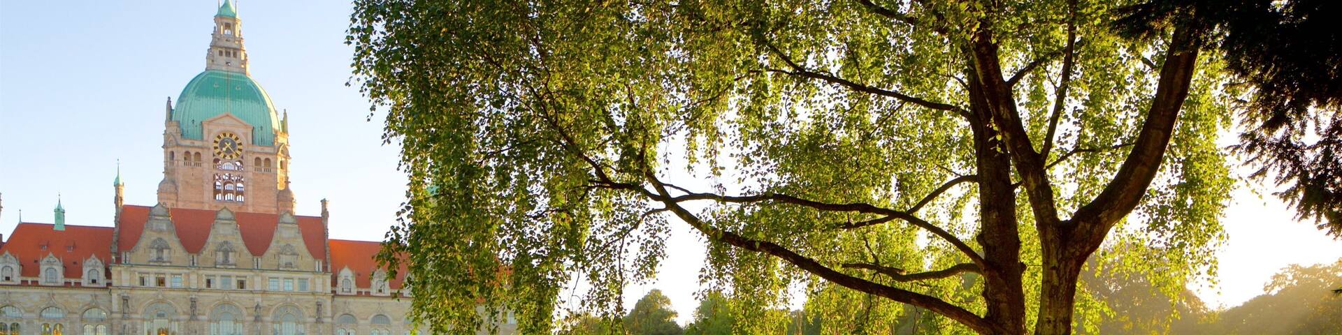New Town Hall showing heritage architecture, a lake or waterhole and a sunset