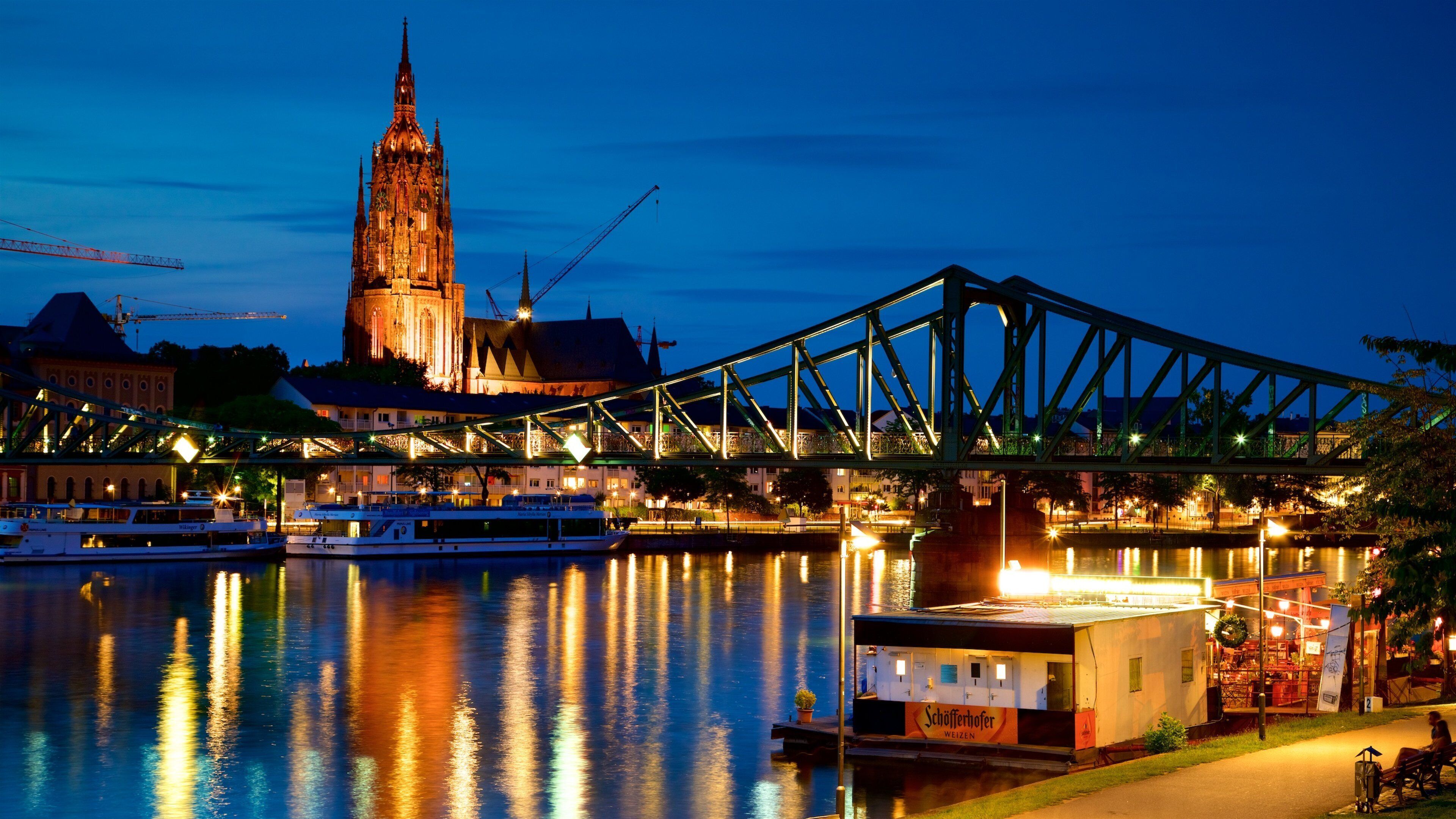 Frankfurt Cathedral featuring a bridge, a city and night scenes