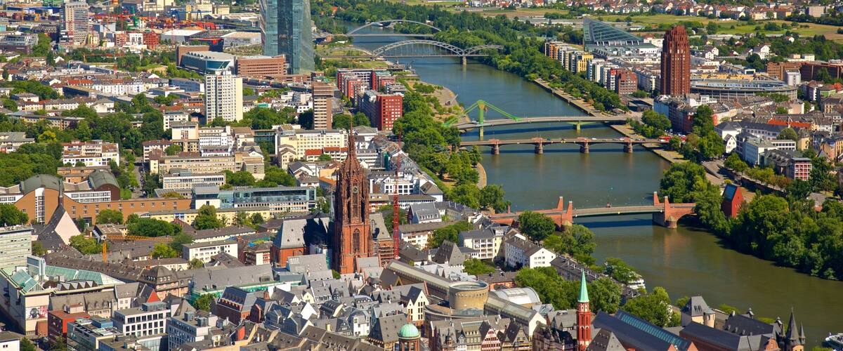 Maintower showing a city, a river or creek and landscape views