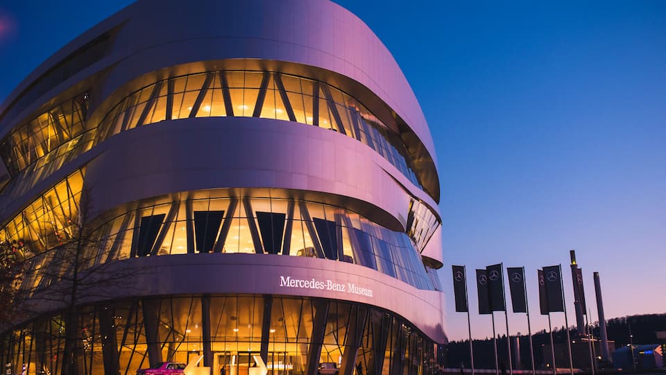 Stuttgart, Germany - February 06, 2020: Night view of the Mercedes Museum