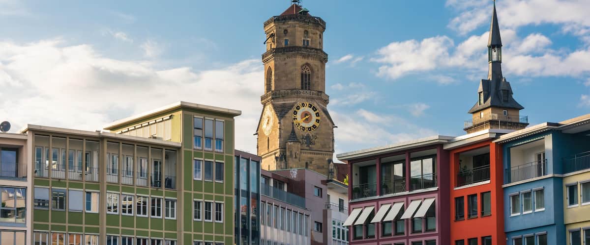 KN6GW1 Stuttgart Rathaus Marketplace German City Pleasant Sunny Day Blue Sky European Landscape Colorful