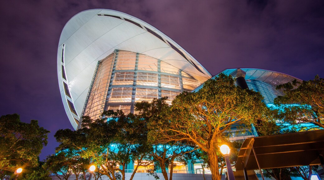 Hong Kong Convention and Exhibition Centre showing modern architecture and night scenes
