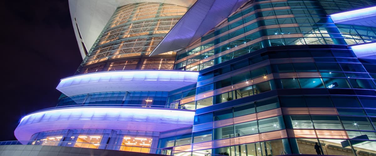 Hong Kong Convention and Exhibition Centre showing night scenes and modern architecture