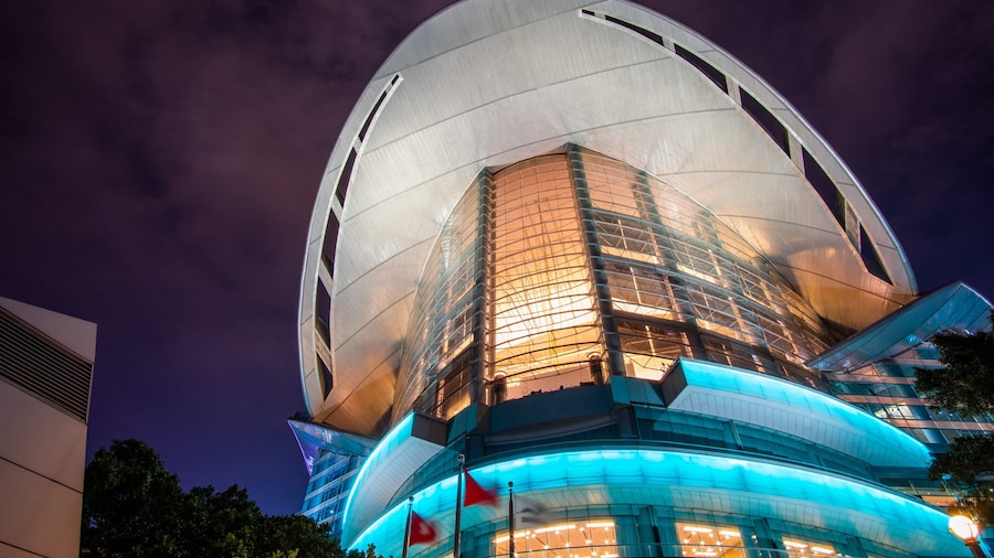Hong Kong Convention and Exhibition Centre featuring modern architecture and night scenes