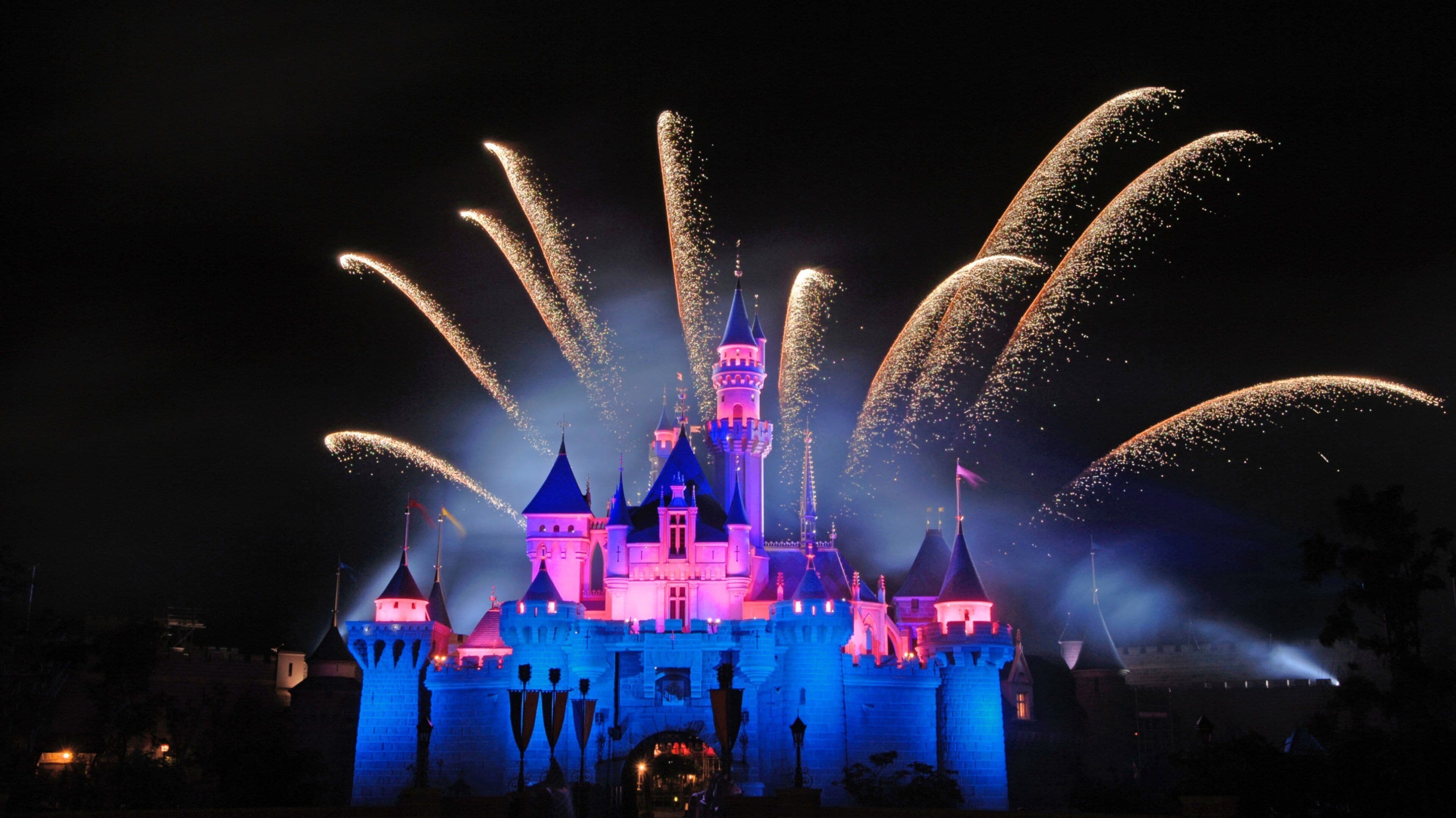 Hong Kong Disneyland which includes château or palace, night scenes and rides