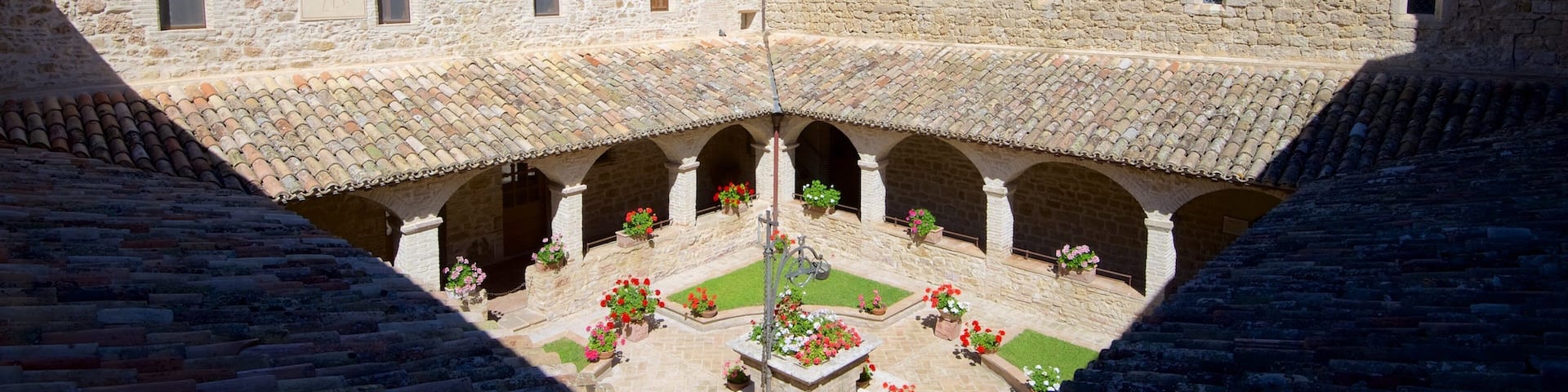 San Damiano montrant fleurs et patrimoine architectural