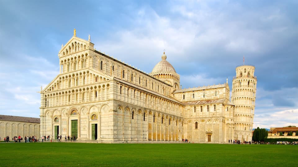 The Leaning Tower of Pisa with the adjacent cathedral in the background.