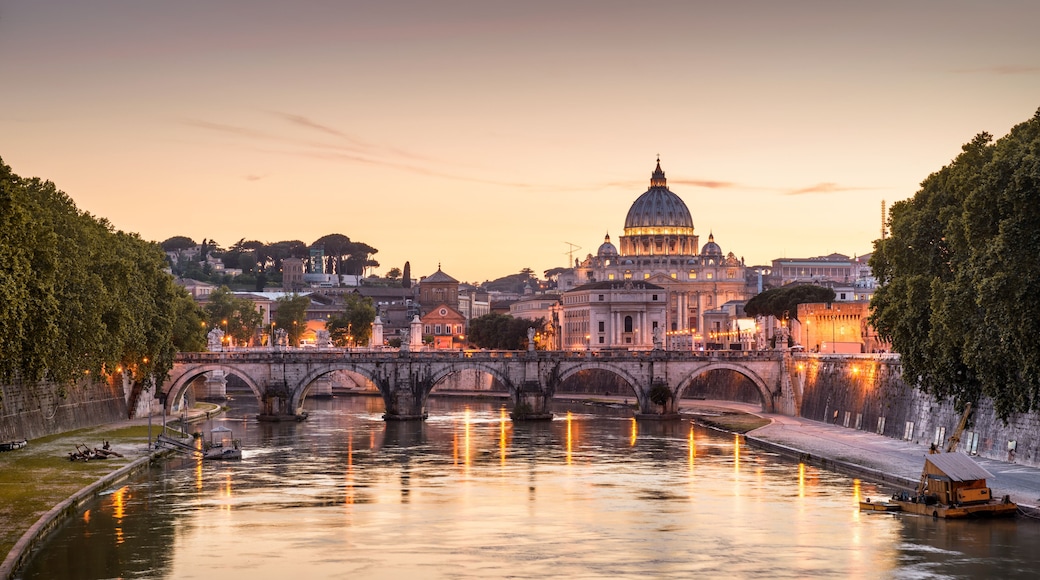 Landscape of Rome at sunset, Italy. Panorama of night Roma and Vatican.