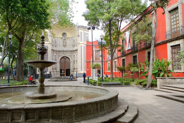 Musée Franz Mayer montrant jardin, fontaine et square ou place