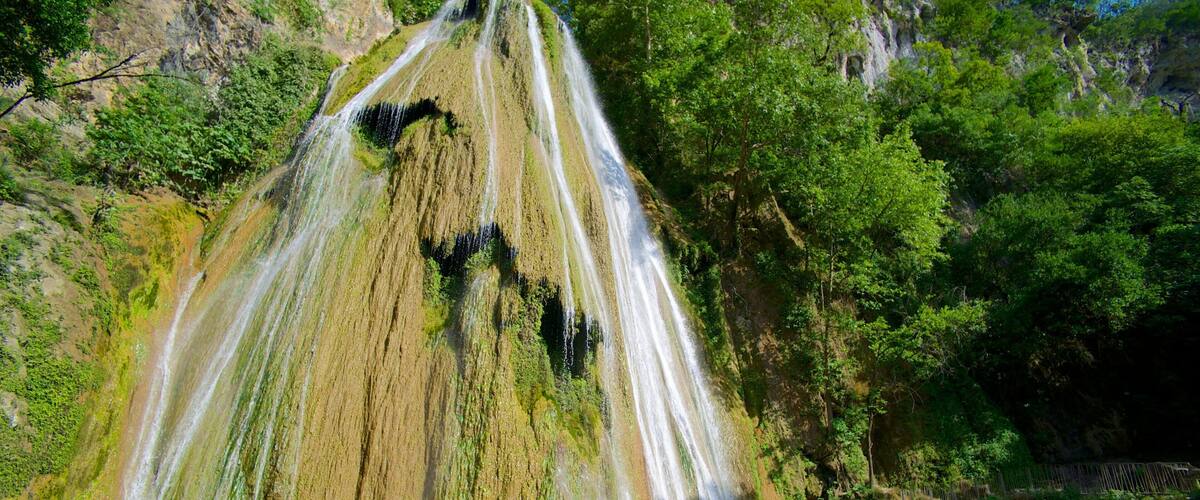 A waterfall cascading down a moss-covered cliff into a pool below.