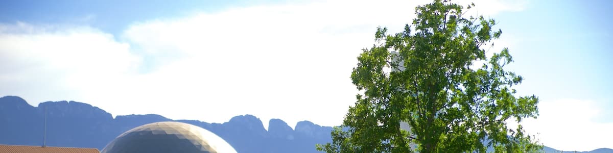 Eine große geodätische Kuppel, ein gepflegter Park mit Bäumen, eine gewundene Straße und Berge im Hintergrund.