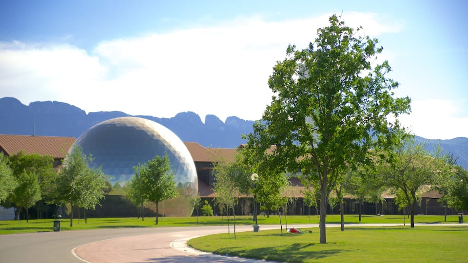 A large geodesic dome structure, a well-maintained park with trees, a curved road, and mountains in the background.