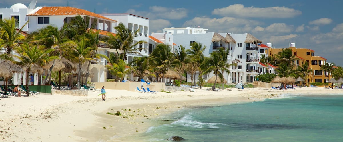 A beach with white buildings, palm trees, and clear blue water.