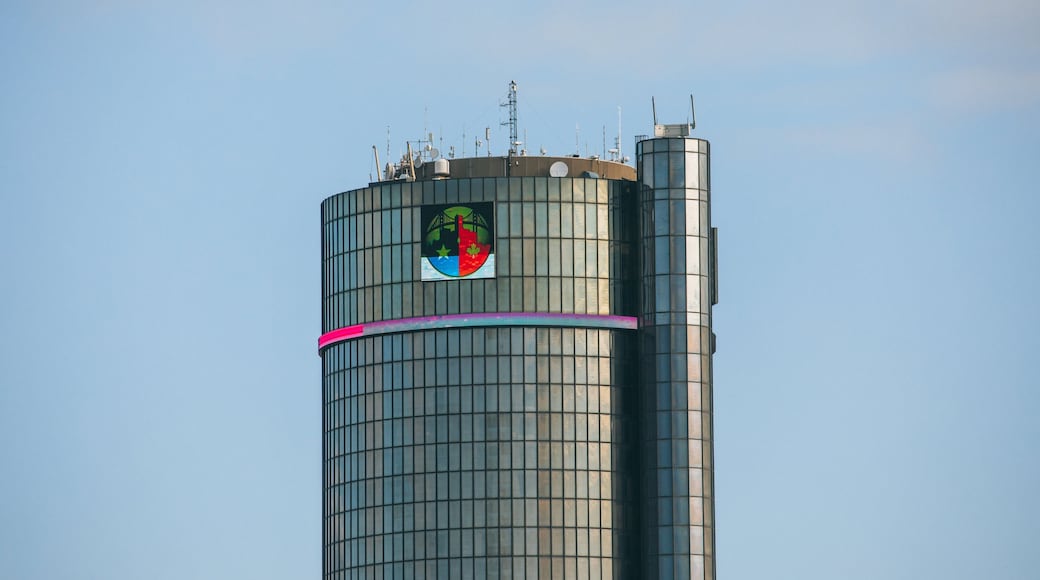 GM Renaissance Center showing signage and a high rise building