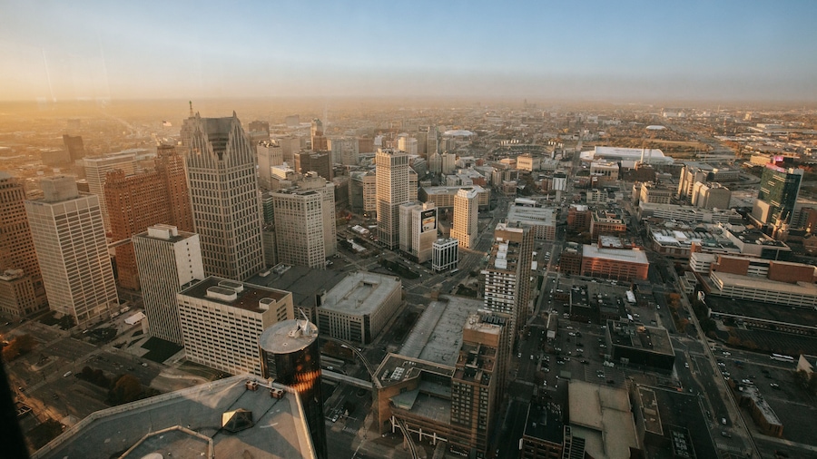 GM Renaissance Center featuring a sunset, a city and landscape views