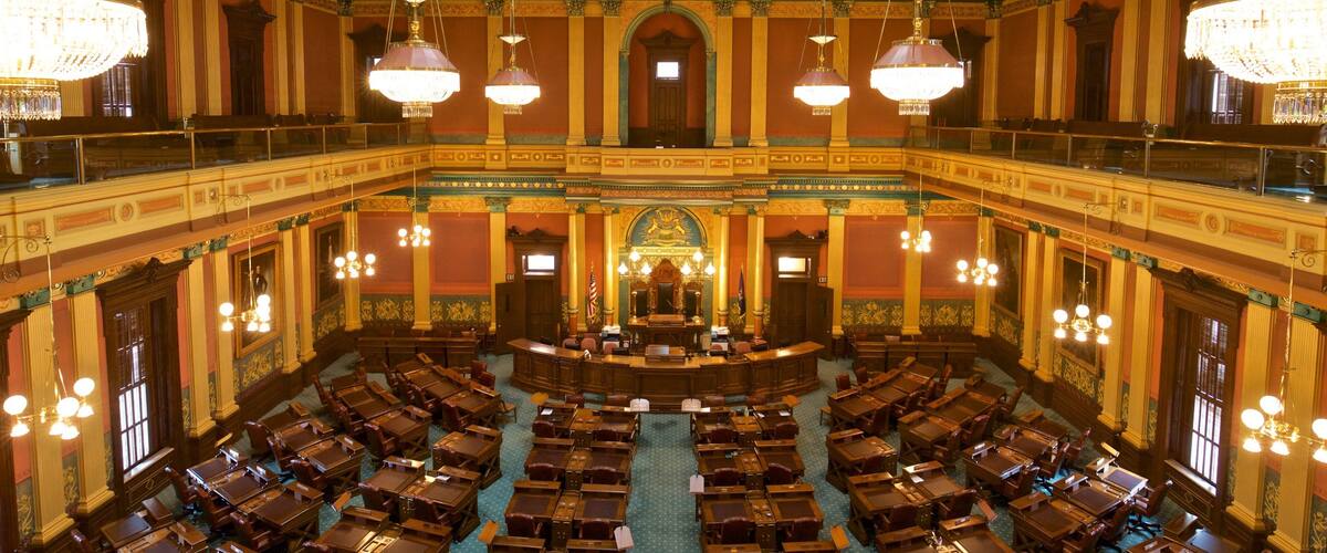 Michigan State Capitol caratteristiche di edificio amministrativo, vista interna e oggetti d\'epoca