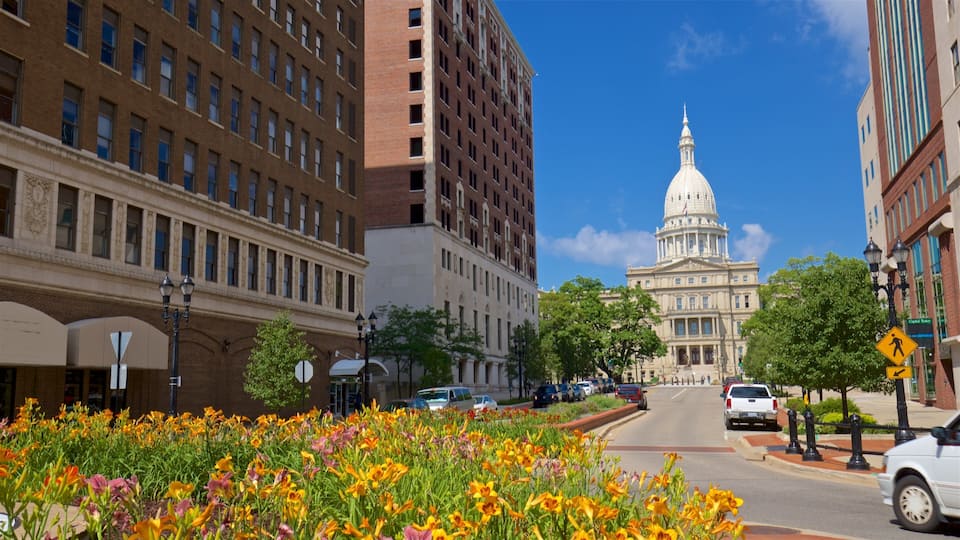 Una calle urbana con un edificio grande con cúpula al fondo, rodeado de flores coloridas y coches.