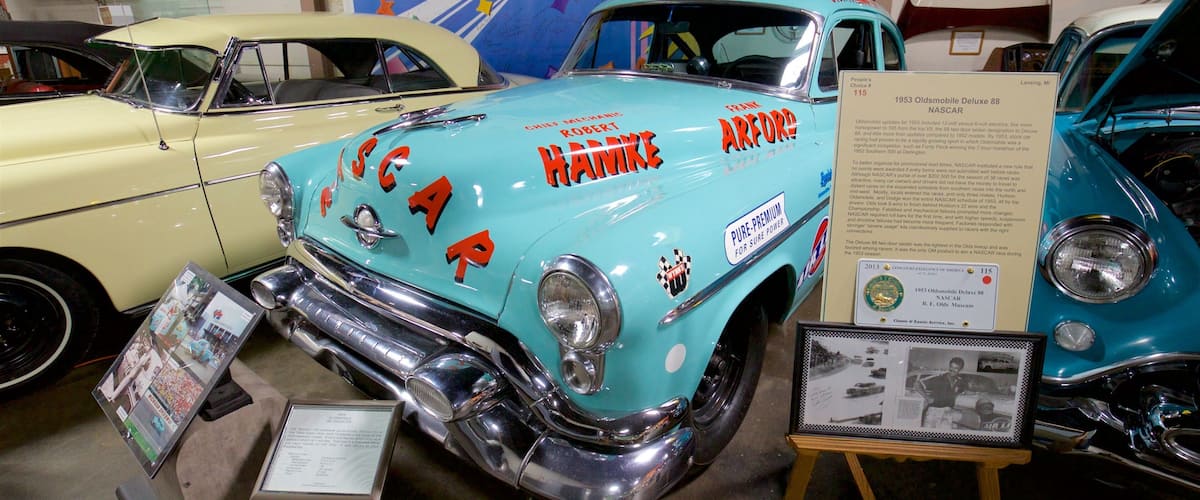 R.E. Olds Transportation Museum which includes heritage elements, signage and interior views
