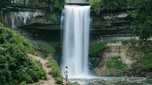 Minnehaha Park featuring a waterfall as well as an individual male
