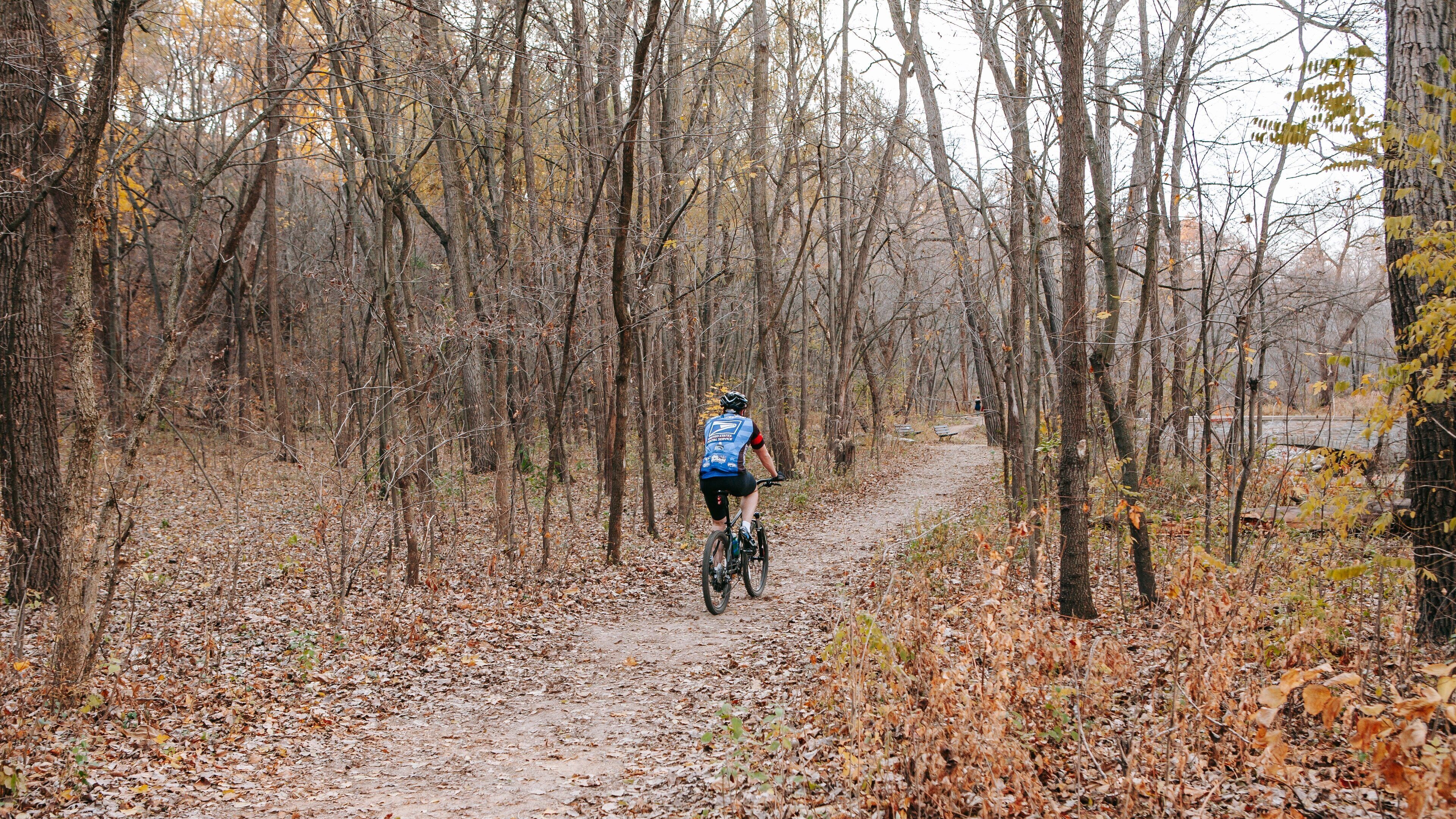 Minnehaha Park which includes forest scenes, fall colors and mountain biking