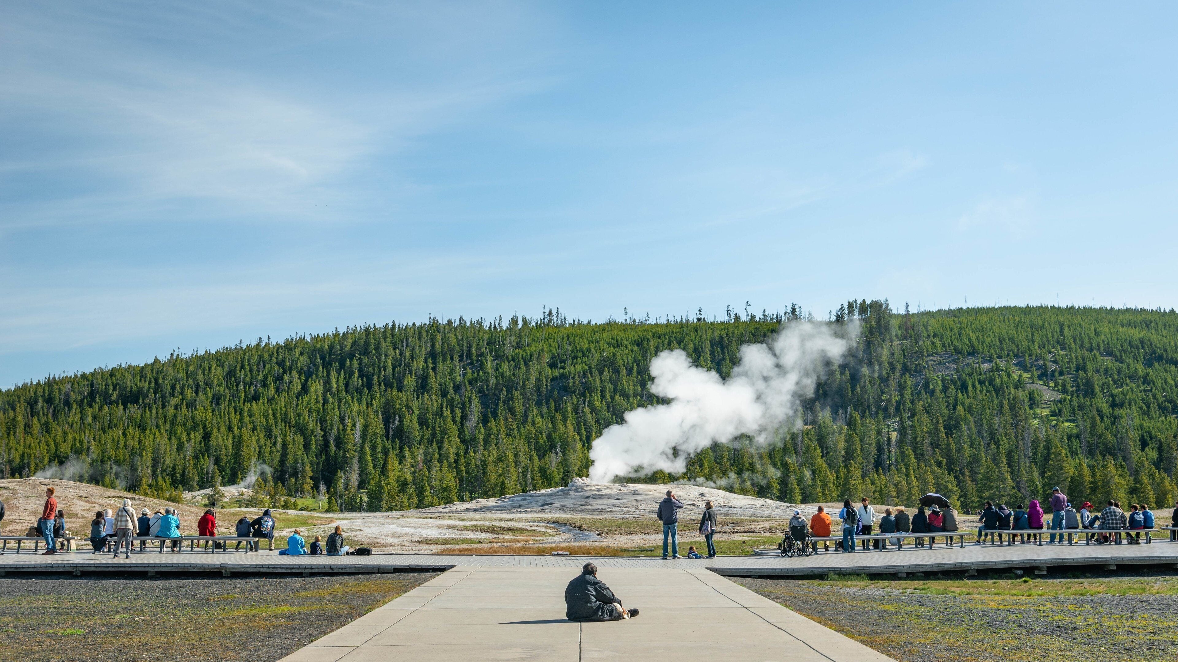 Old Faithful which includes a hot spring and mist or fog as well as a large group of people