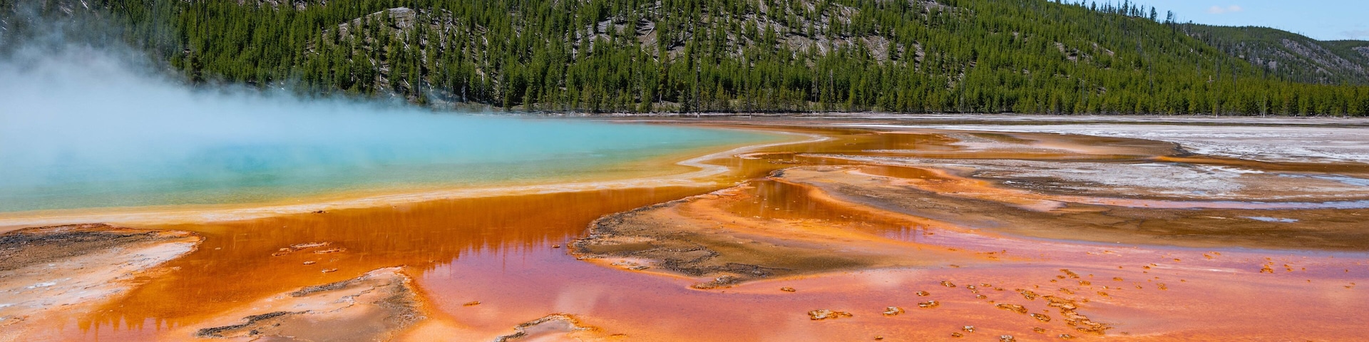 Grand Prismatic Spring showing a hot spring and mist or fog